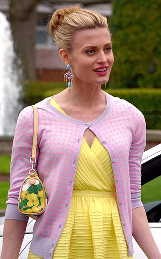 Paige's yellow ribbed wrap dress and pink checked cardigan on Royal Pains