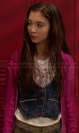 Riley's pink metallic jacket, denim vest and lace skirt on Girl Meets World