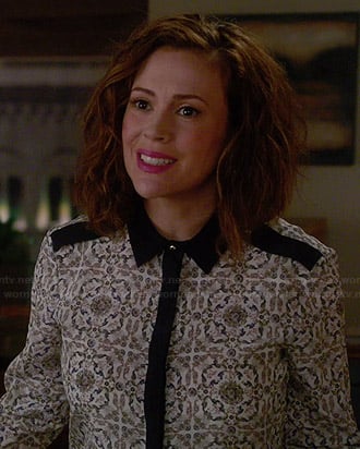 Savi's printed shirt with black trim on Mistresses
