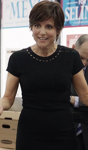 Selina's black dress with triangle cutout neckline on Veep