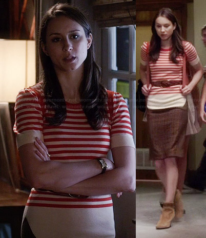 Spencer's red and beige striped top and checked skirt on Pretty Little Liars