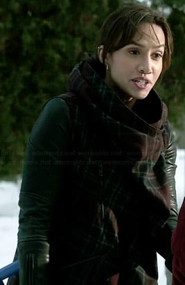 Tess's plaid draped coat with leather sleeves on Beauty and the Beast