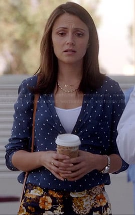 April's navy polka dot blouse and floral trousers on Chasing Life