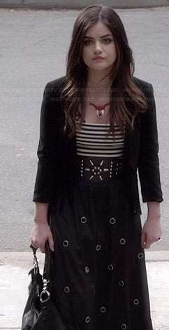 Aria's black fringed cardigan, grommett detailed maxi skirt and ripped handbag on Pretty Little Liars