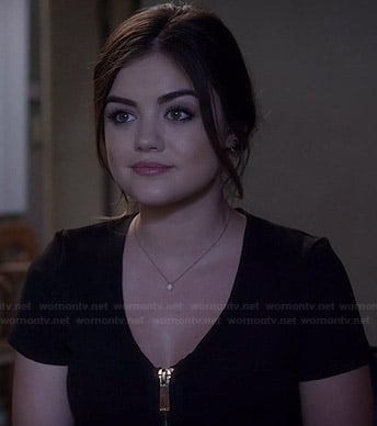 Aria's black zip front dress on Pretty Little Liars