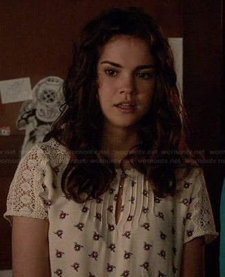 Callie's white floral top with crochet sleeves on The Fosters
