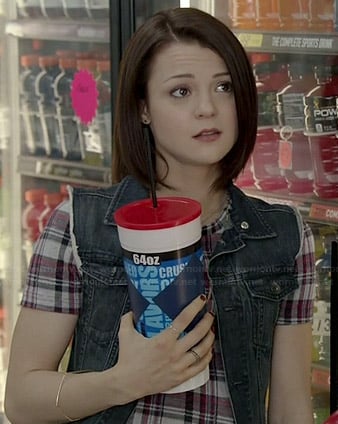 Carter's plaid bodycon dress and denim vest on Finding Carter