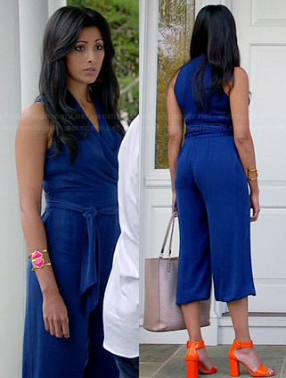 Divya's blue cropped jumpsuit and orange sandals on Royal Pains