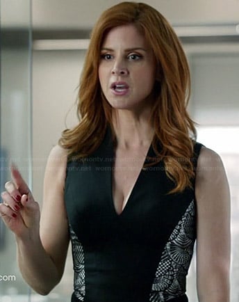 Donna's black v-neck dress with lace side panels on Suits