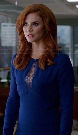 Donna's blue lace keyhole dress on Suits