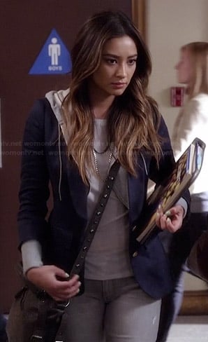 Emily's navy layered hoodie blazer on Pretty Little Liars