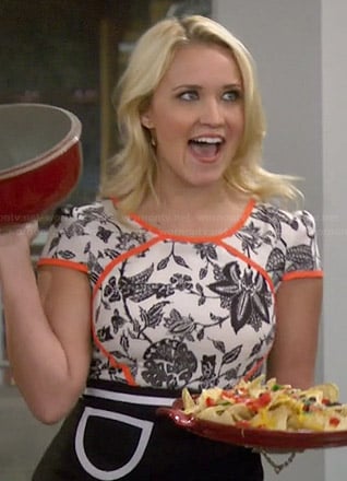 Gabi's black and white floral dress with orange trim on Young and Hungry