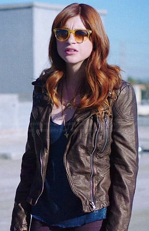 Gretchen's metallic bronze leather jacket and yellow sunglasses on You're the Worst