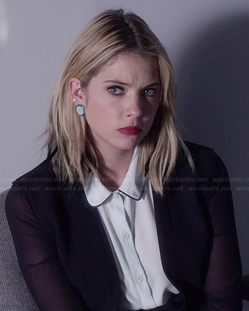 Hanna's white sleeveless shirt, sheer-sleeved jacket and blue circle earrings on Pretty Little Liars