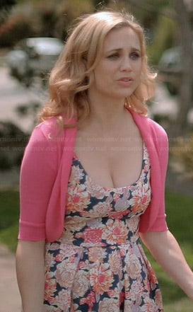 Jenna's navy and pink floral dress on Wilfred