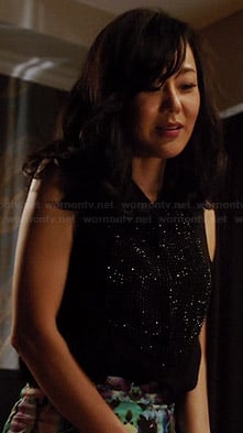 Karen's black embellished top and abstract printed skirt on Mistresses