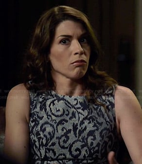 Kristen's blue jacquard flourish pattern dress on Wilfred