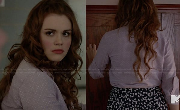 Lydia's purple pin dot shirt and black floral skirt on Teen Wolf