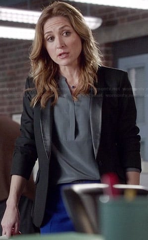 Maura's grey split neck blouse and leather lapel blazer on Rizzoli and Isles