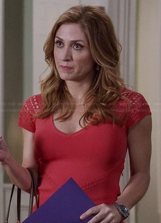Maura's coral dress with knit shoulders on Rizzoli and Isles