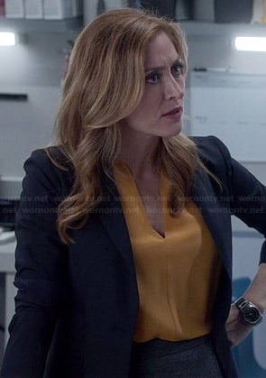 Maura's yellow v-neck blouse on Rizzoli and Isles