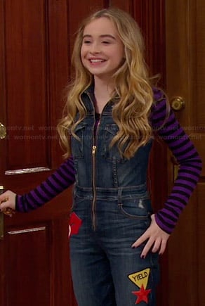Maya's denim zip front jumpsuit and zebra patterned ankle boots on Girl Meets World