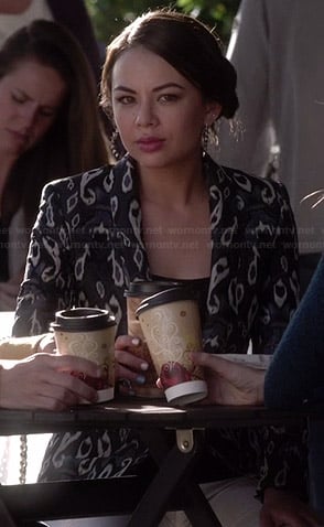 Mona's black and blue ikat print blazer on Pretty Little Liars