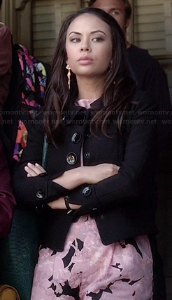 Mona's pink floral romper and black jacket on Pretty Little Liars