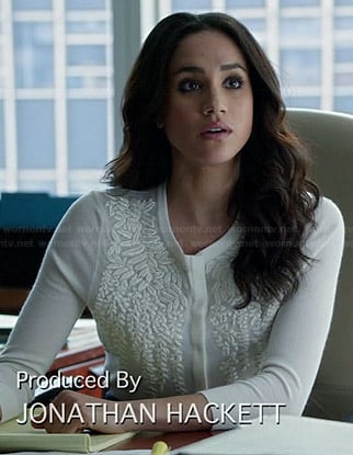 Rachel's white leaf embroidered cardigan on Suits
