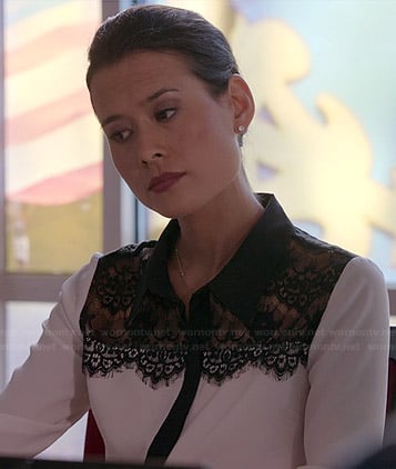 Raquel's white blouse with black lace panel on Chasing Life