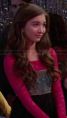 Riley's blue and black embellished dress with pink lace top at the dance on Girl Meets World