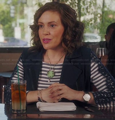 Savi's striped dress with lace sleeves and navy vest on Mistresses