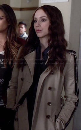 Spencer's trench coat with black leather trim on Pretty Little Liars