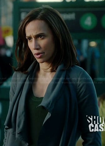 Tess's grey draped front coat on Beauty and the Beast