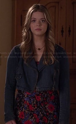Ali's cropped denim jacket and floral maxi dress on Pretty Little Liars