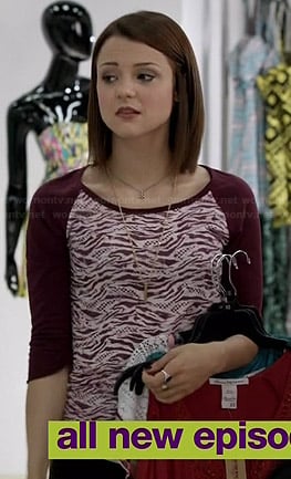 Carter's burgundy zebra print baseball tee on Finding Carter