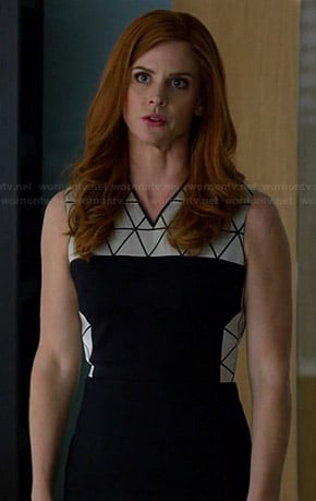 Donna's black and white dress with triangle print panels on Suits