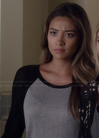 Emily's grey top with black mesh sleeves on Pretty Little Liars