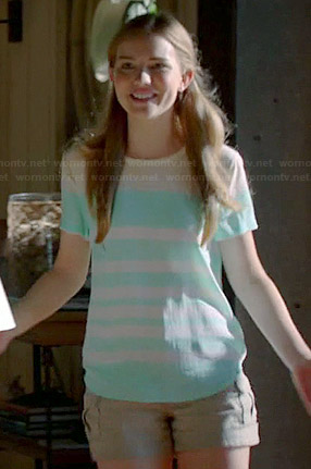 Emma's mint green striped top and beige shorts on Royal Pains