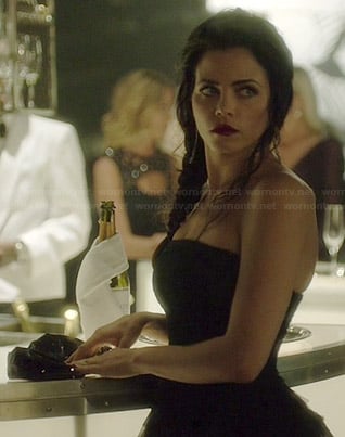 Freya's black strapless peplum gown on Witches of East End