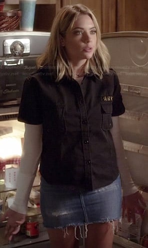 Hanna's black army shirt and denim skirt on Pretty Little Liars