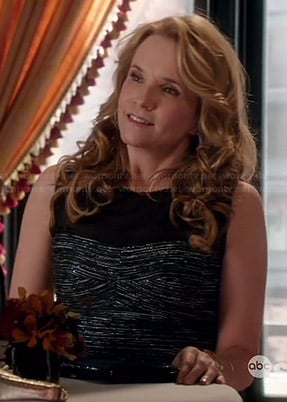 Kathryn's metallic dress with black mesh yoke on Switched at Birth