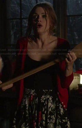 Lydia's black floral skirt and red cardigan on Teen Wolf