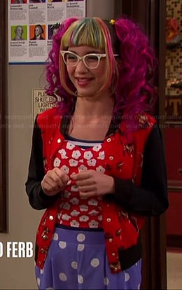 Riley's leopard printed bomber jacket, blue polka dot shorts and red flower print top on Girl Meets World