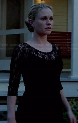 Sookie's black lace dress with scalloped trim on True Blood
