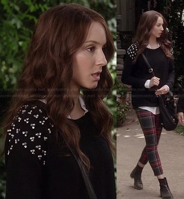Spencer's red plaid leggings and black pearl studded sweater on Pretty Little Liars