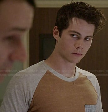 Stiles's tan baseball tee with striped pocket on Teen Wolf