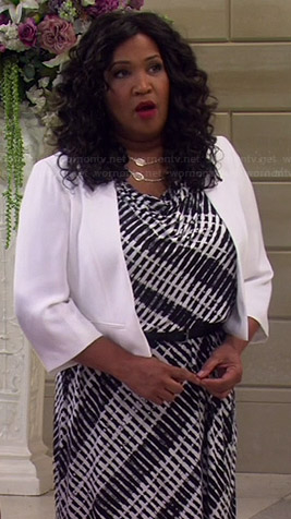 Yolanda's black and white cowl neck dress on Young and Hungry