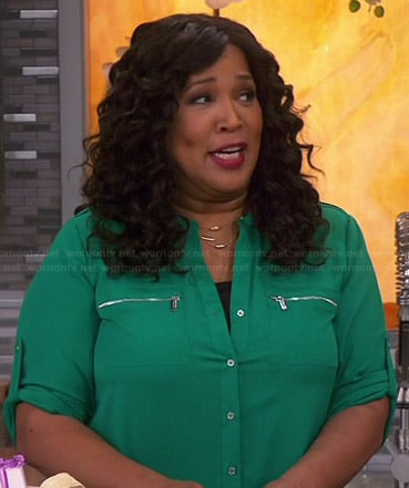 Yolanda's green zip pocket blouse on Young and Hungry