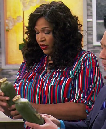 Yolanda's multi colored stripe print blouse on Young and Hungry